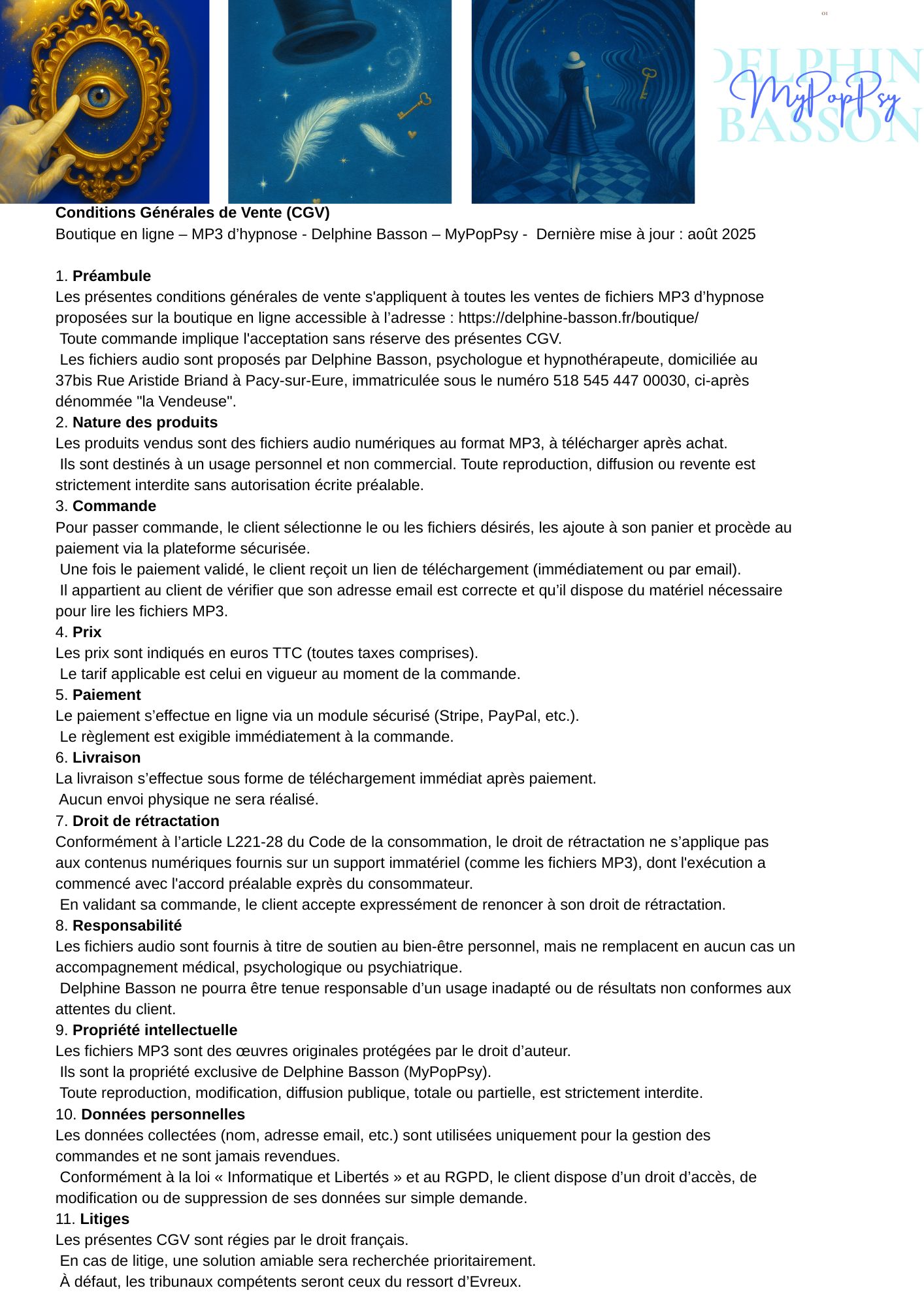 Conditions générales de vente (CGV) de la boutique en ligne